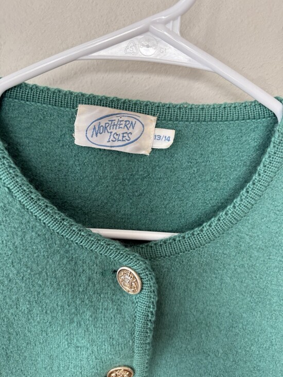 Northern Isles Cardigan Teal Green 100% Wool Shell Buttons Long Sleeve 13/14 - Picture 3 of 4